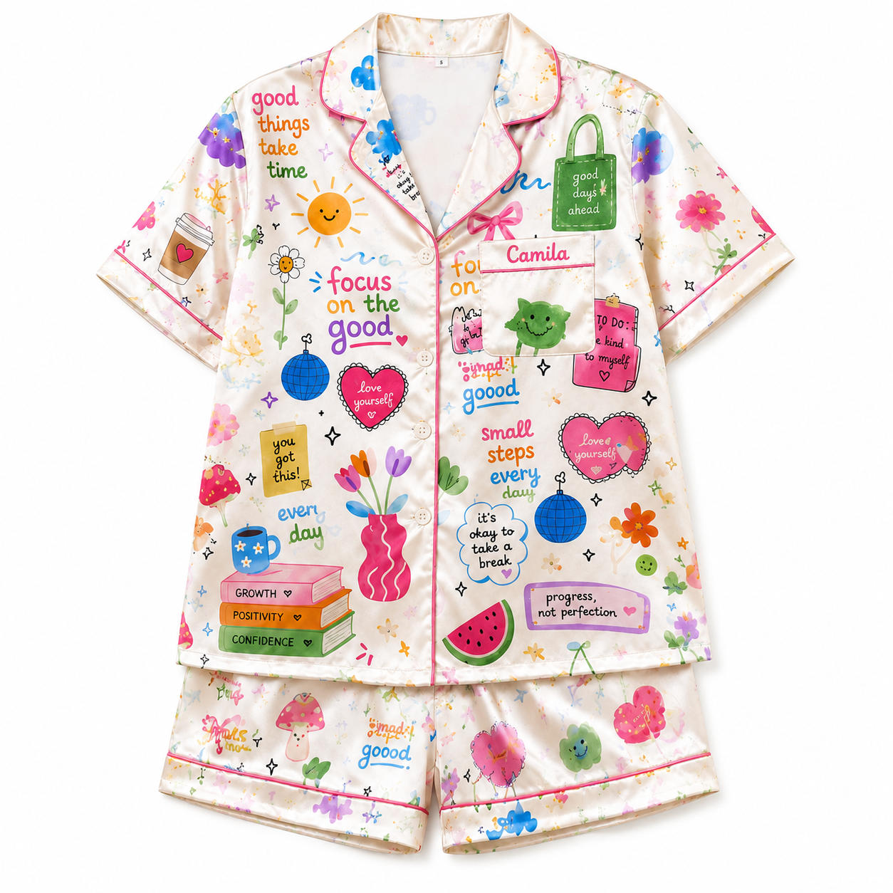 Cute Positive Quote Satin Pajama Set for Women