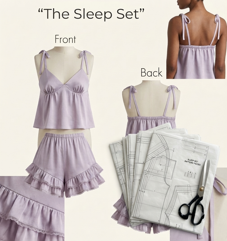 The Sleep Set PDF Sewing Pattern | Cami Top & Ruffle Shorts Loungewear Pattern