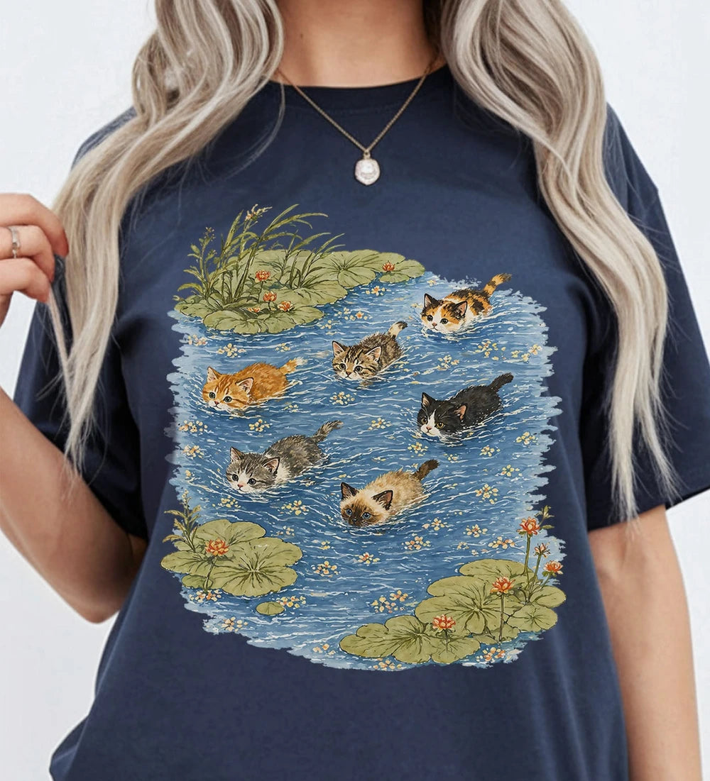 Swimming Cats Cotton T-Shirt