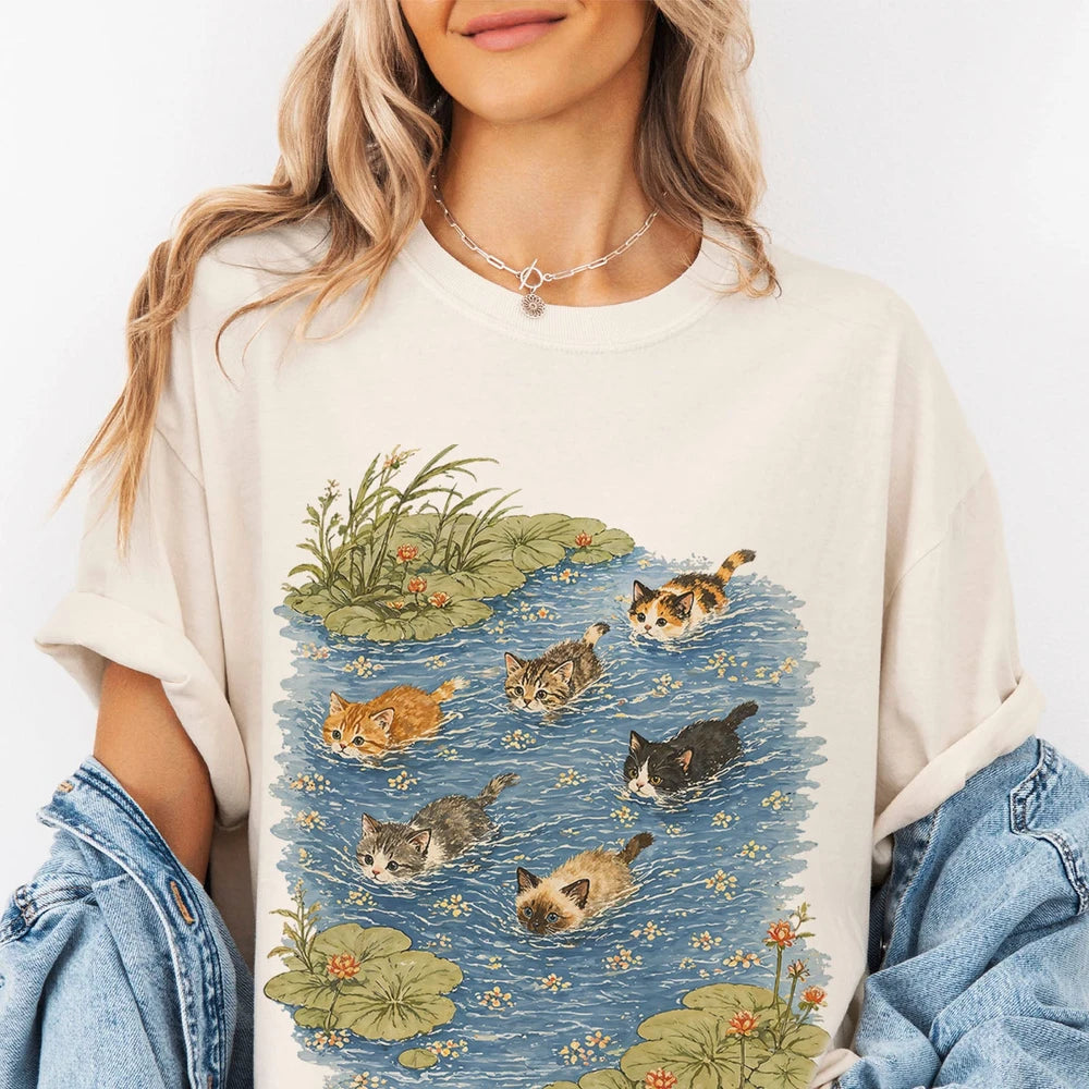 Swimming Cats Cotton T-Shirt