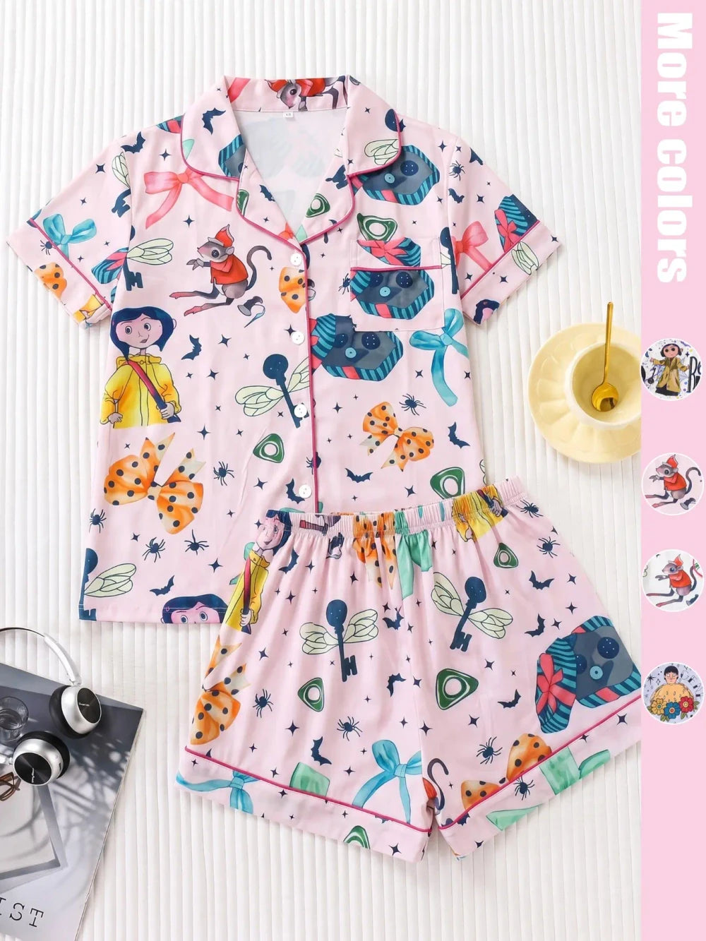 Cartoon Print Satin Pajama Set