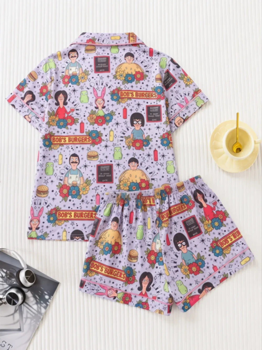 Cartoon Print Satin Pajama Set
