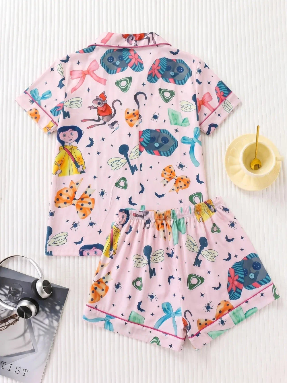 Cartoon Print Satin Pajama Set