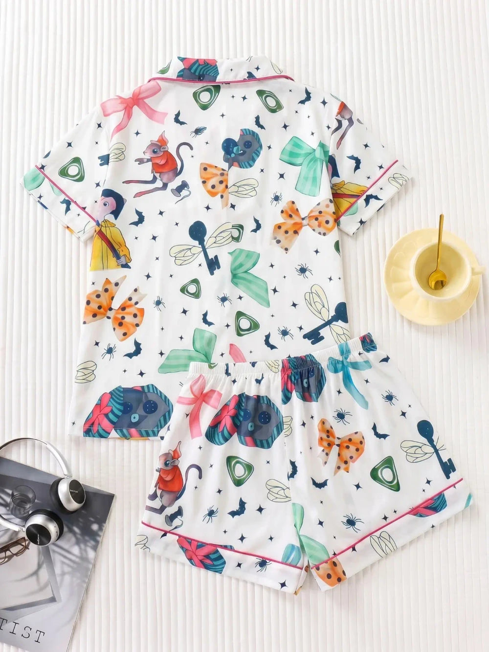 Cartoon Print Satin Pajama Set