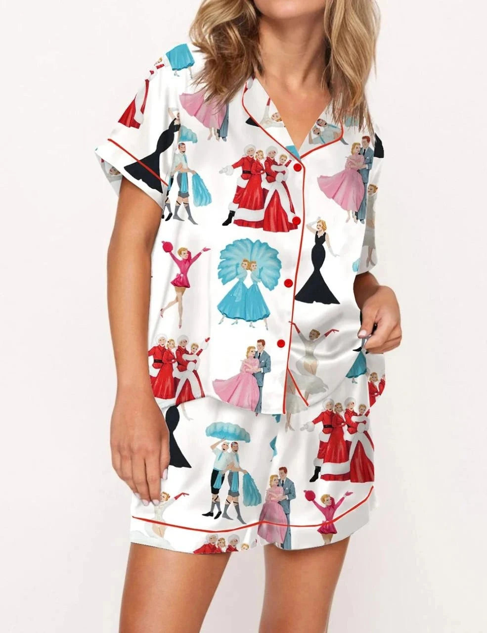 White Christmas Satin Pajama Set For Women
