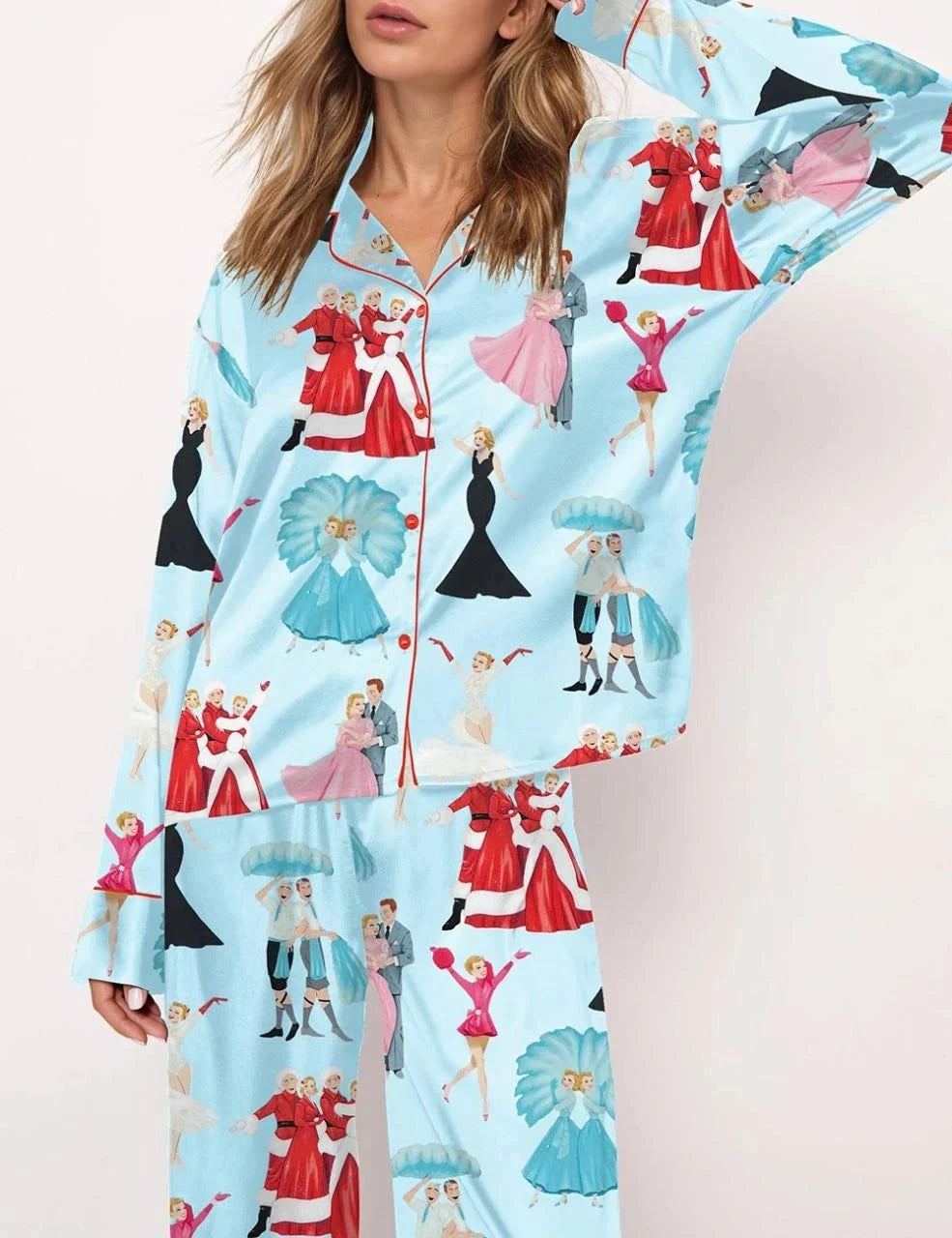White Christmas Satin Pajama Set For Women