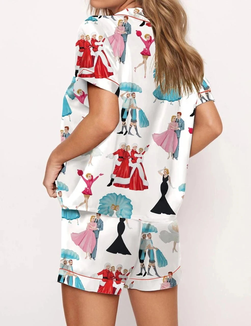 White Christmas Satin Pajama Set For Women