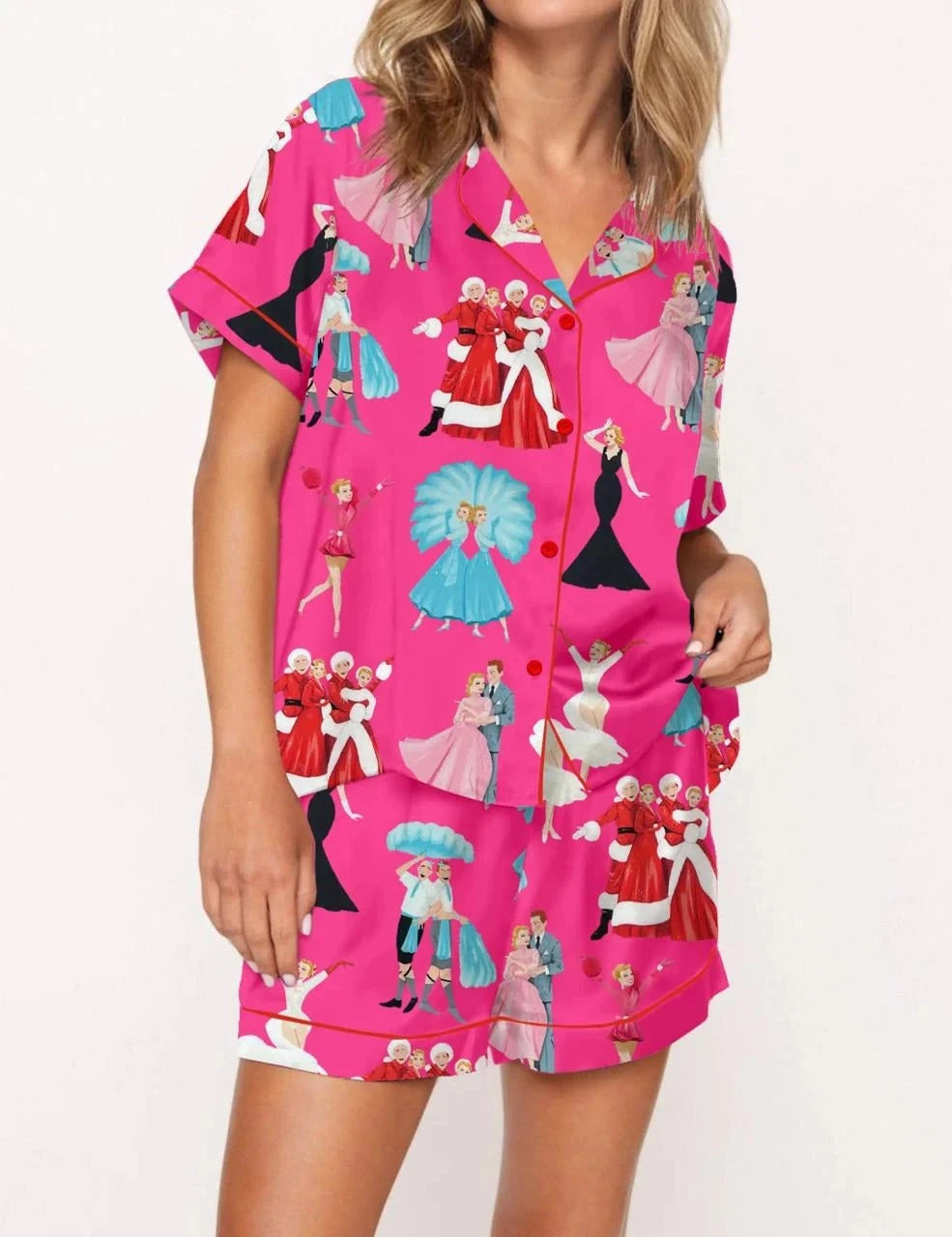 White Christmas Satin Pajama Set For Women