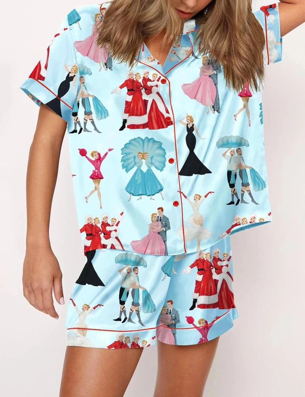 White Christmas Satin Pajama Set For Women