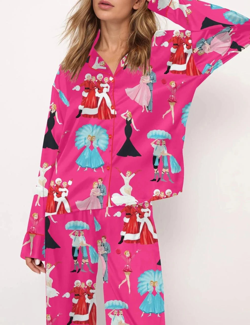 White Christmas Satin Pajama Set For Women