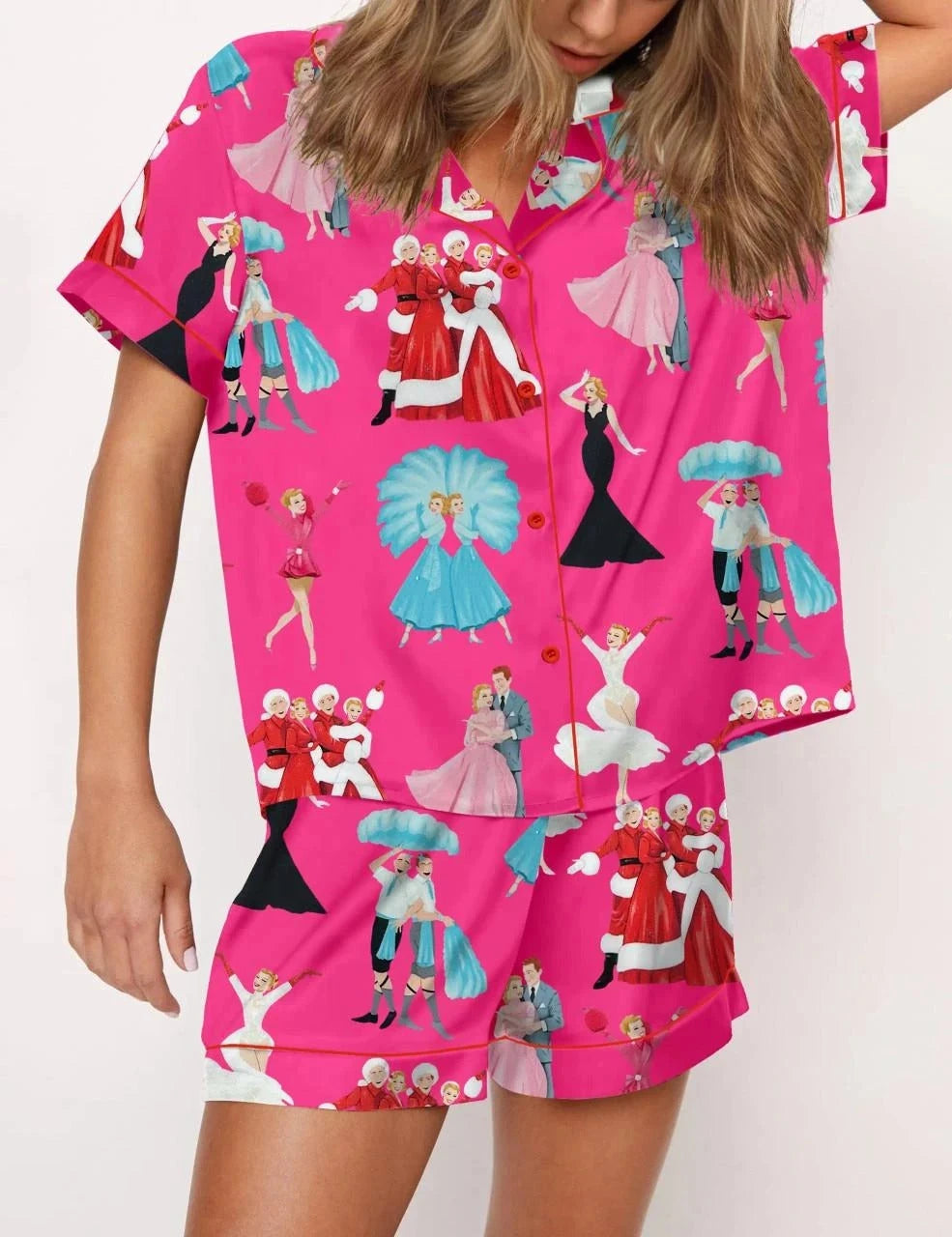 White Christmas Satin Pajama Set For Women