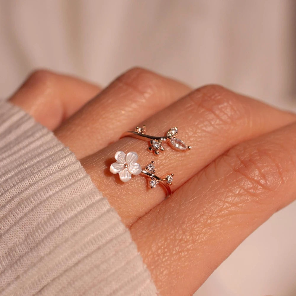 Birth Flower Mother of Pearl Sterling Silver Ring
