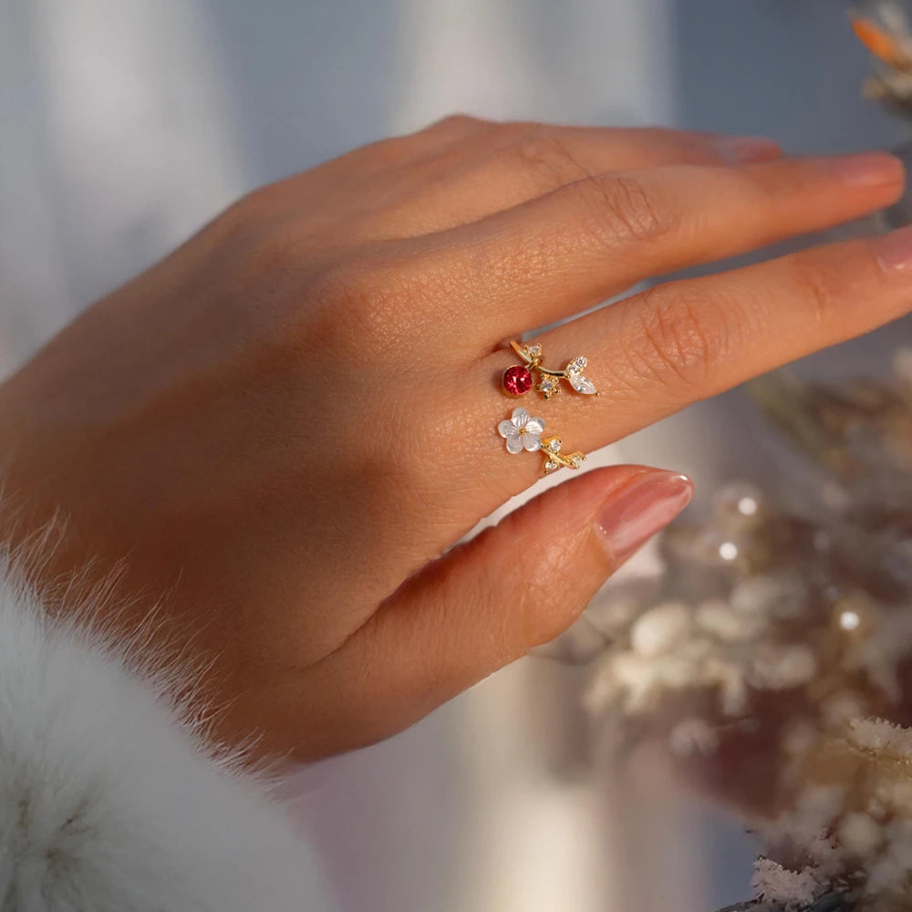 Birth Flower Mother of Pearl Sterling Silver Ring