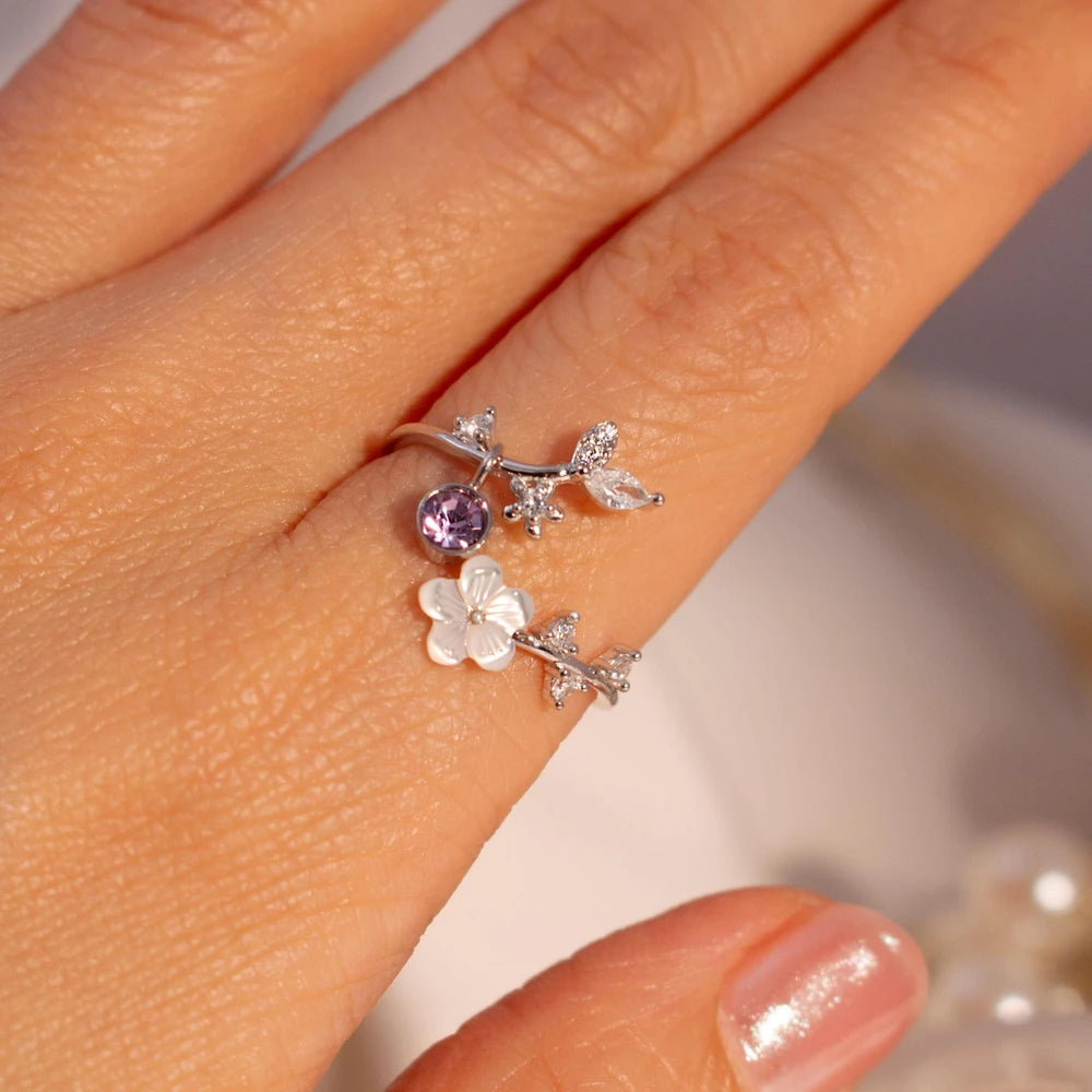 Birth Flower Mother of Pearl Sterling Silver Ring