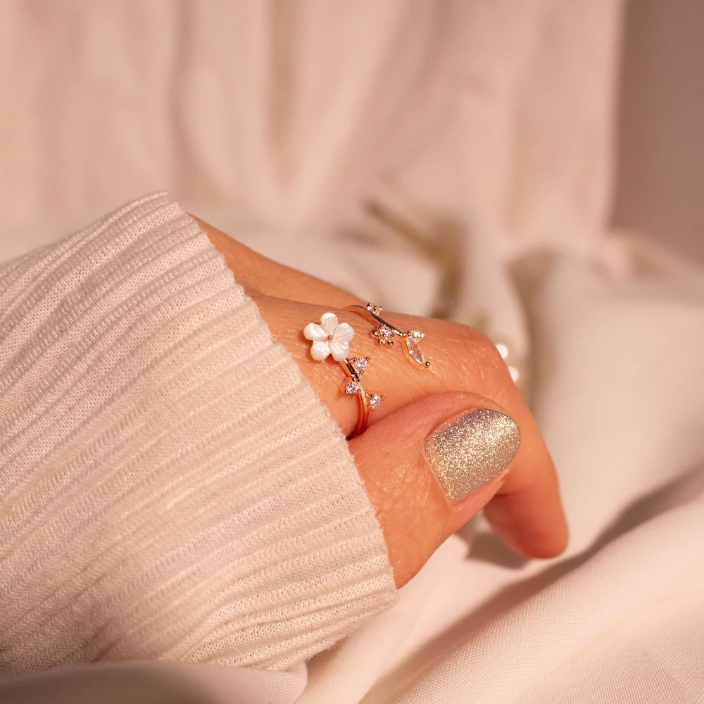 Birth Flower Mother of Pearl Sterling Silver Ring