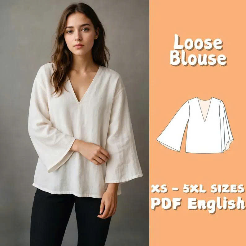 Flare Sleeve Blouse Pattern | V Neck Linen Top Sewing Pattern (PDF Download)
