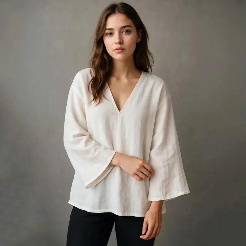 Flare Sleeve Blouse Pattern | V Neck Linen Top Sewing Pattern (PDF Download)
