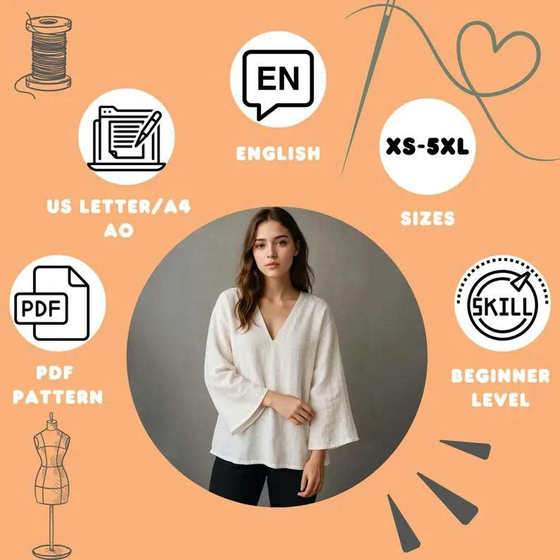 Flare Sleeve Blouse Pattern | V Neck Linen Top Sewing Pattern (PDF Download)