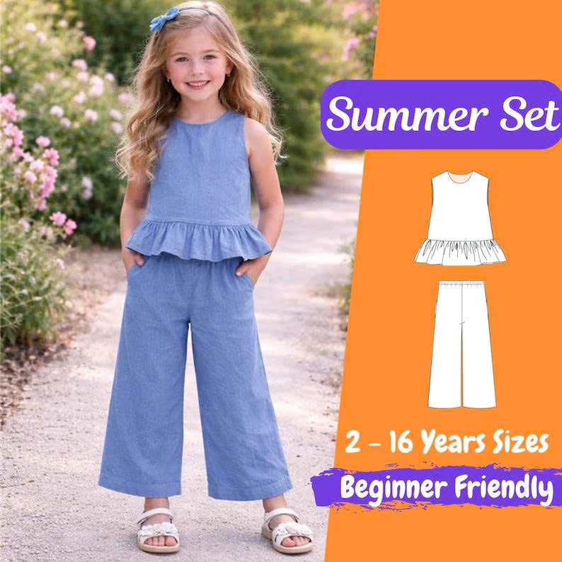 Girls Summer Set Sewing Pattern PDF, Top and Pants Pattern for Kids, Toddler Outfit