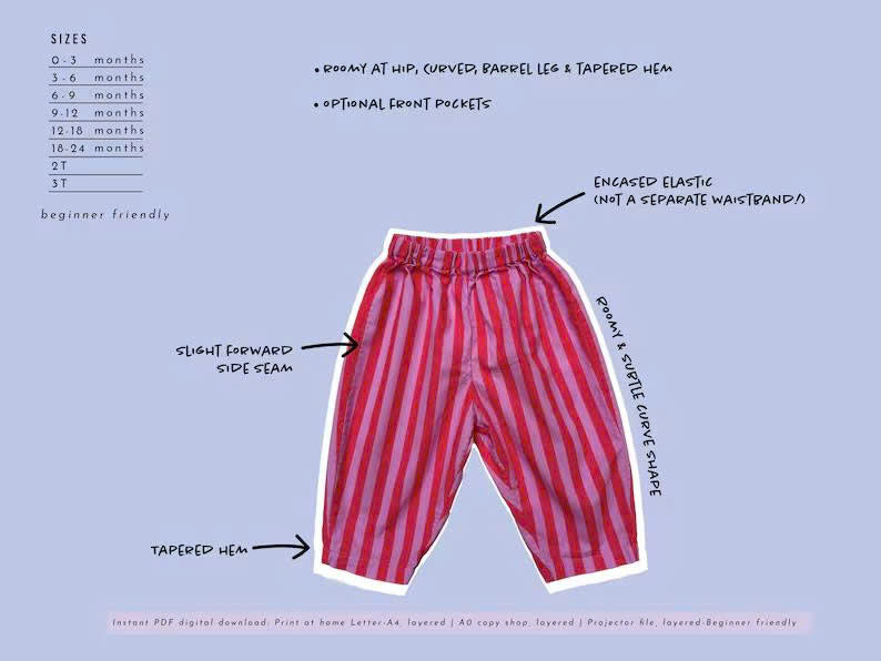 The Eleo Baby Pants PDF Sewing Pattern | Beginner Barrel Leg Pants (0M-3T)