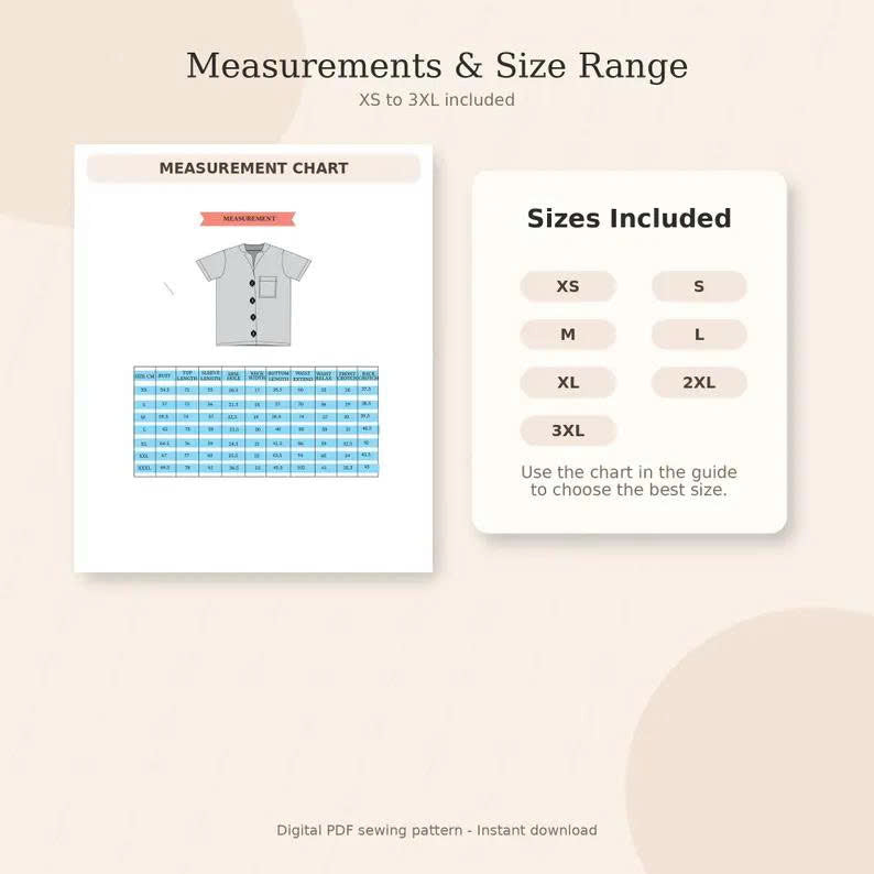 Women’s Pajama Set Sewing Pattern | Shirt + Shorts or Pants | Sizes XXS–5XL | Printable PDF