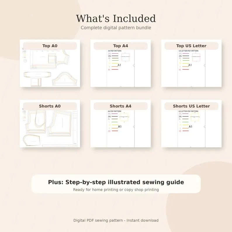 Women’s Pajama Set Sewing Pattern | Shirt + Shorts or Pants | Sizes XXS–5XL | Printable PDF