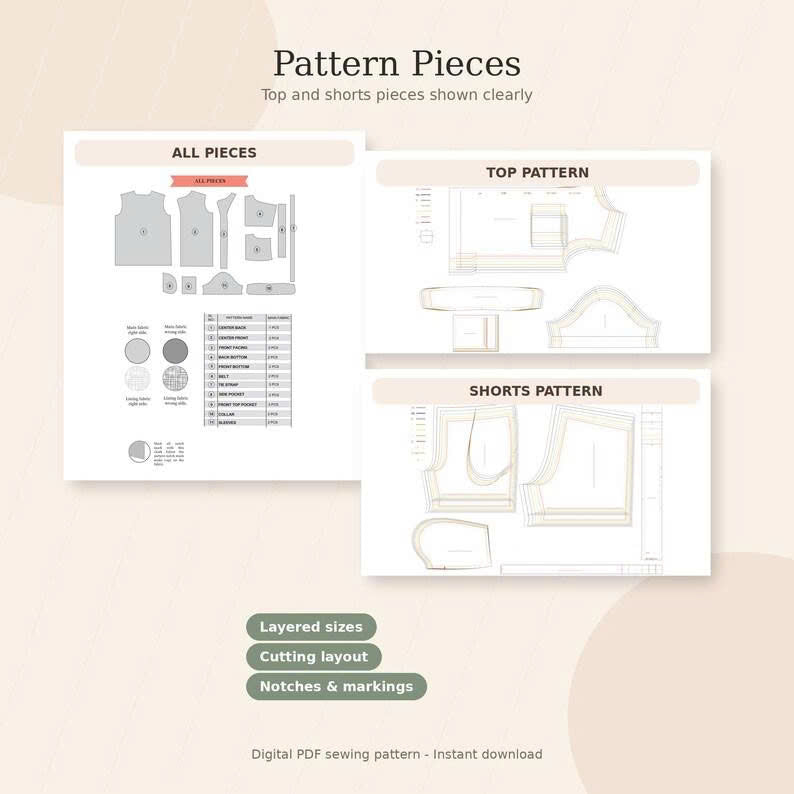 Women’s Pajama Set Sewing Pattern | Shirt + Shorts or Pants | Sizes XXS–5XL | Printable PDF