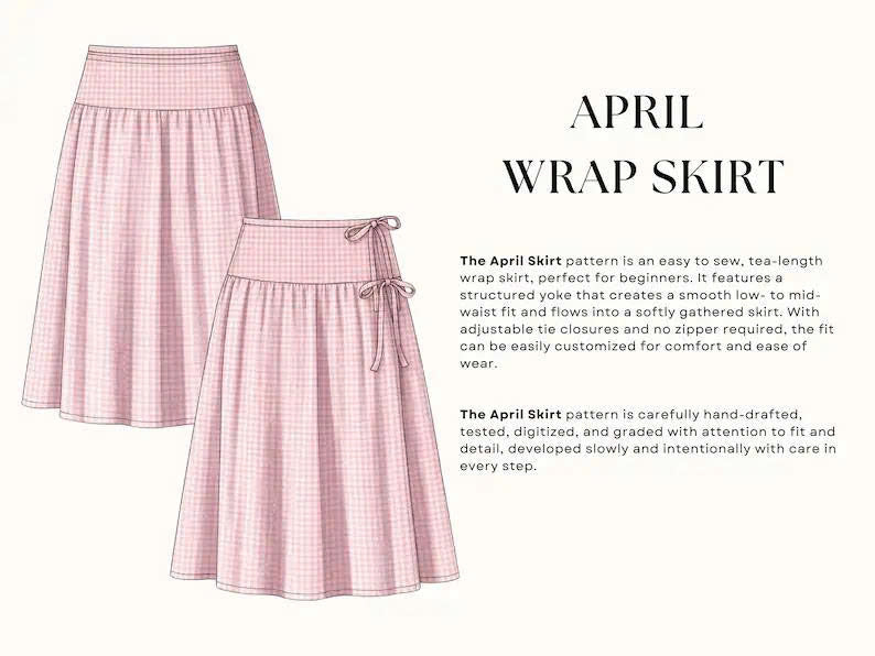 April Wrap Skirt Sewing Pattern | Low Waist Tie Skirt (US 00-22)