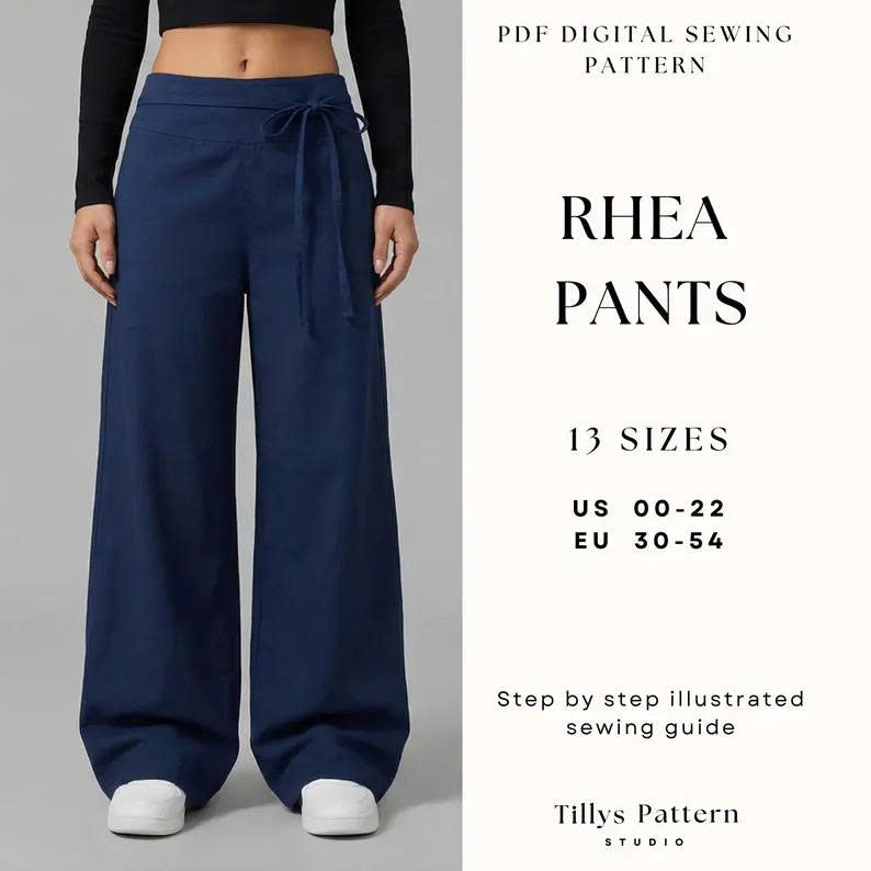 Rhea Wide Leg Pants Sewing Pattern | Low Waist Tie Pants (US 00-22)