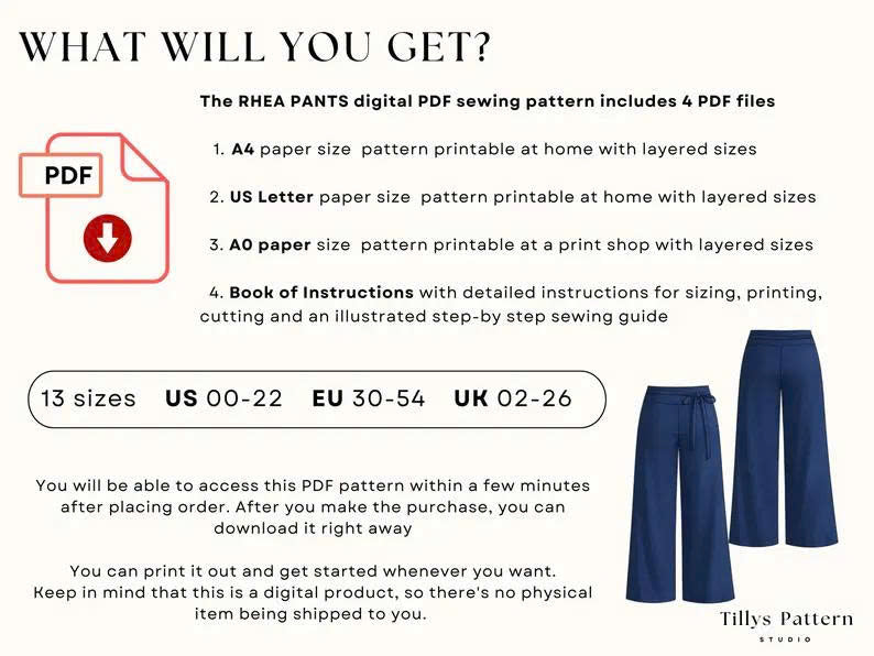 Rhea Wide Leg Pants Sewing Pattern | Low Waist Tie Pants (US 00-22)