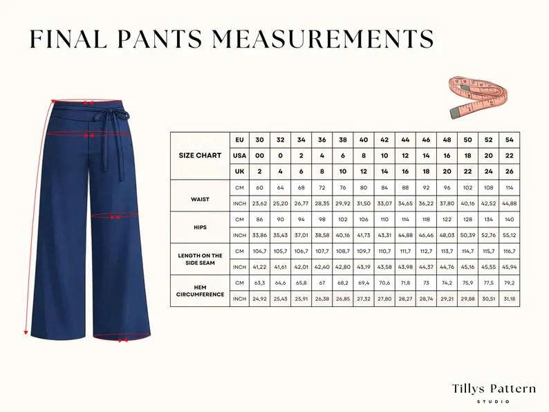 Rhea Wide Leg Pants Sewing Pattern | Low Waist Tie Pants (US 00-22)