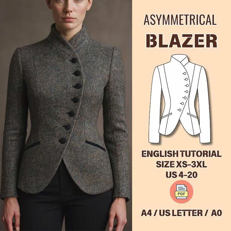 Asymmetrical High Neck Blazer Sewing Pattern | Tailored Equestrian Jacket (XS-3XL)