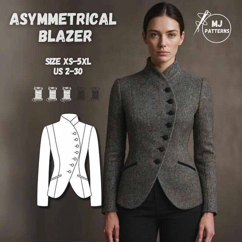 Asymmetrical High Neck Blazer Sewing Pattern | Tailored Equestrian Jacket (XS-3XL)