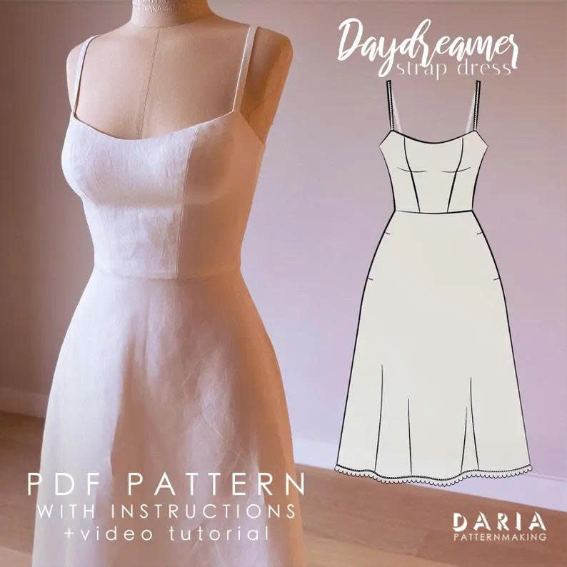 A-Line Strap Dress Sewing Pattern: Princess Seams, Inseam Pockets (PDF Download)