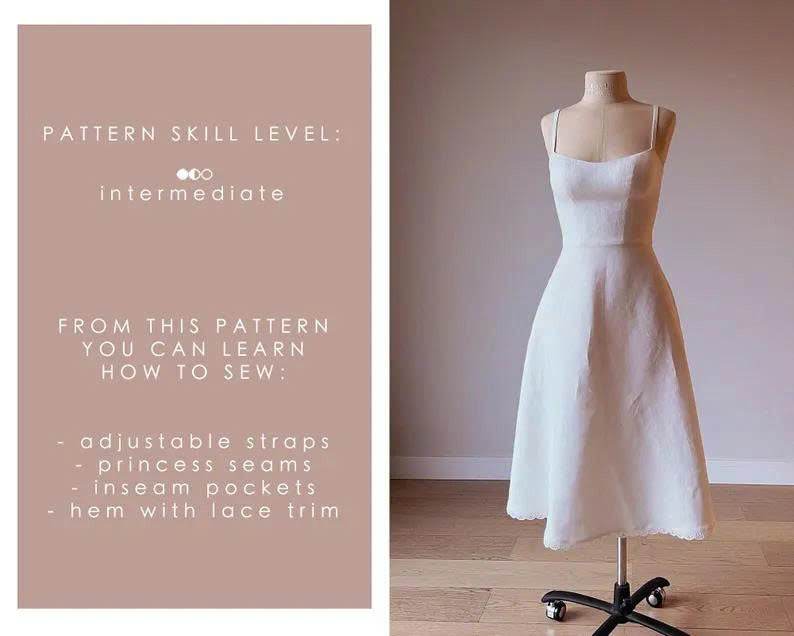 A-Line Strap Dress Sewing Pattern: Princess Seams, Inseam Pockets (PDF Download)