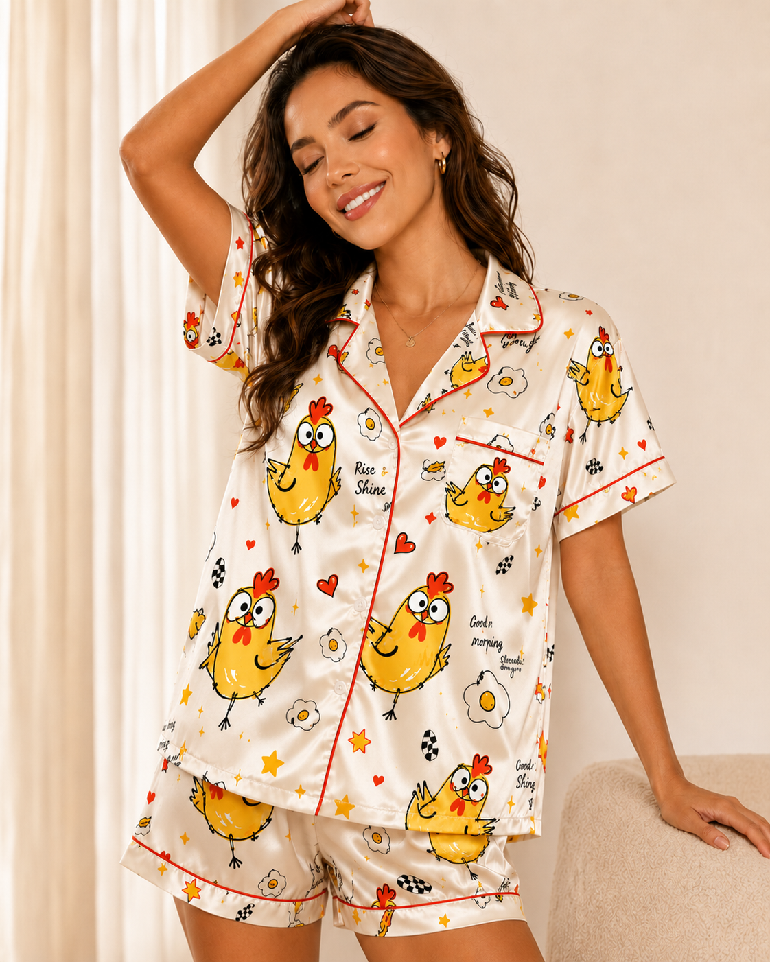 Cute Chicken Print Satin Pajama Set for Women