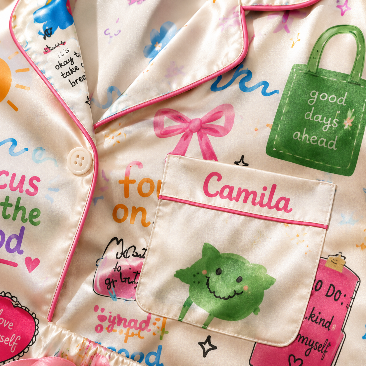 Cute Positive Quote Satin Pajama Set for Women