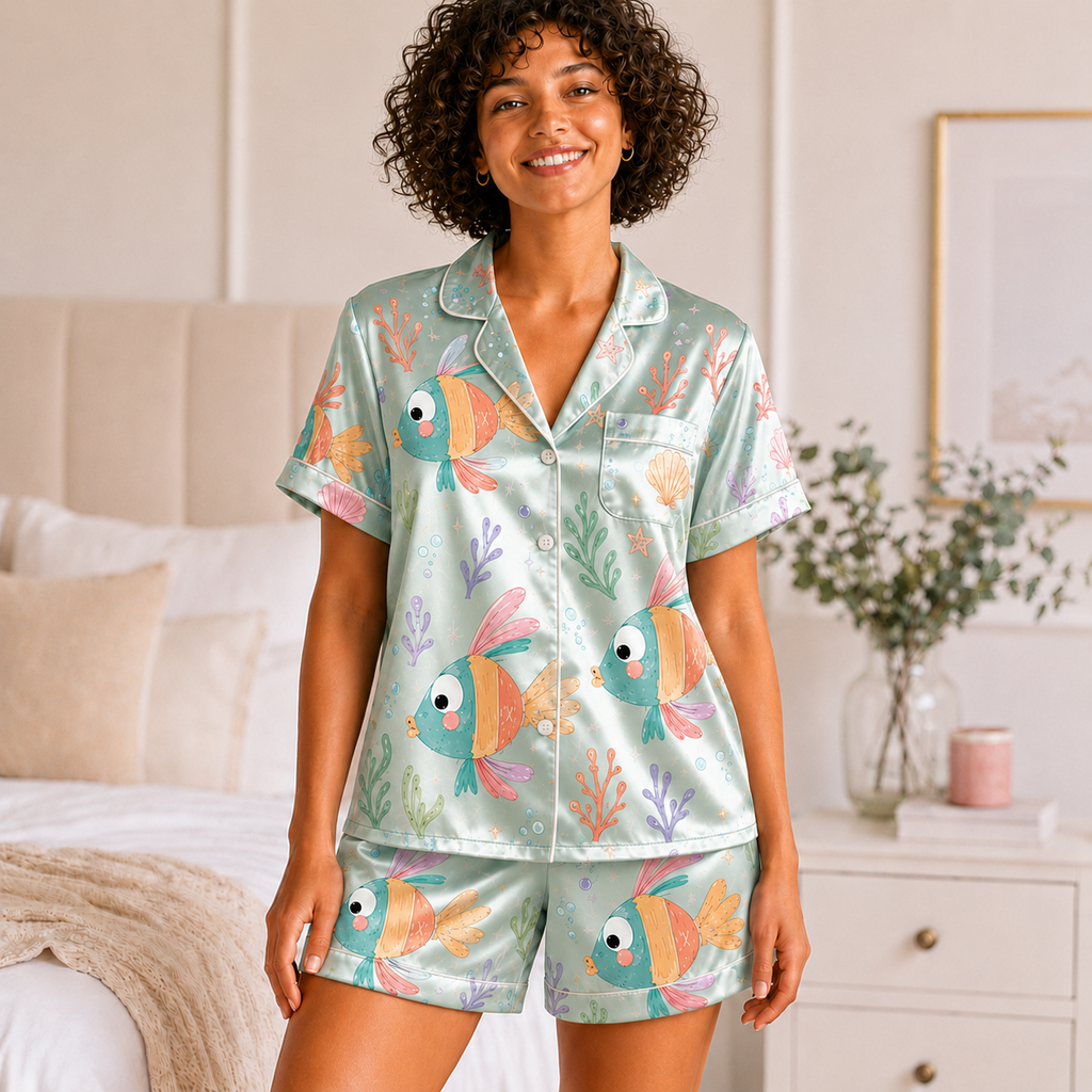 Tropical Fish Satin Pajama Set for Women