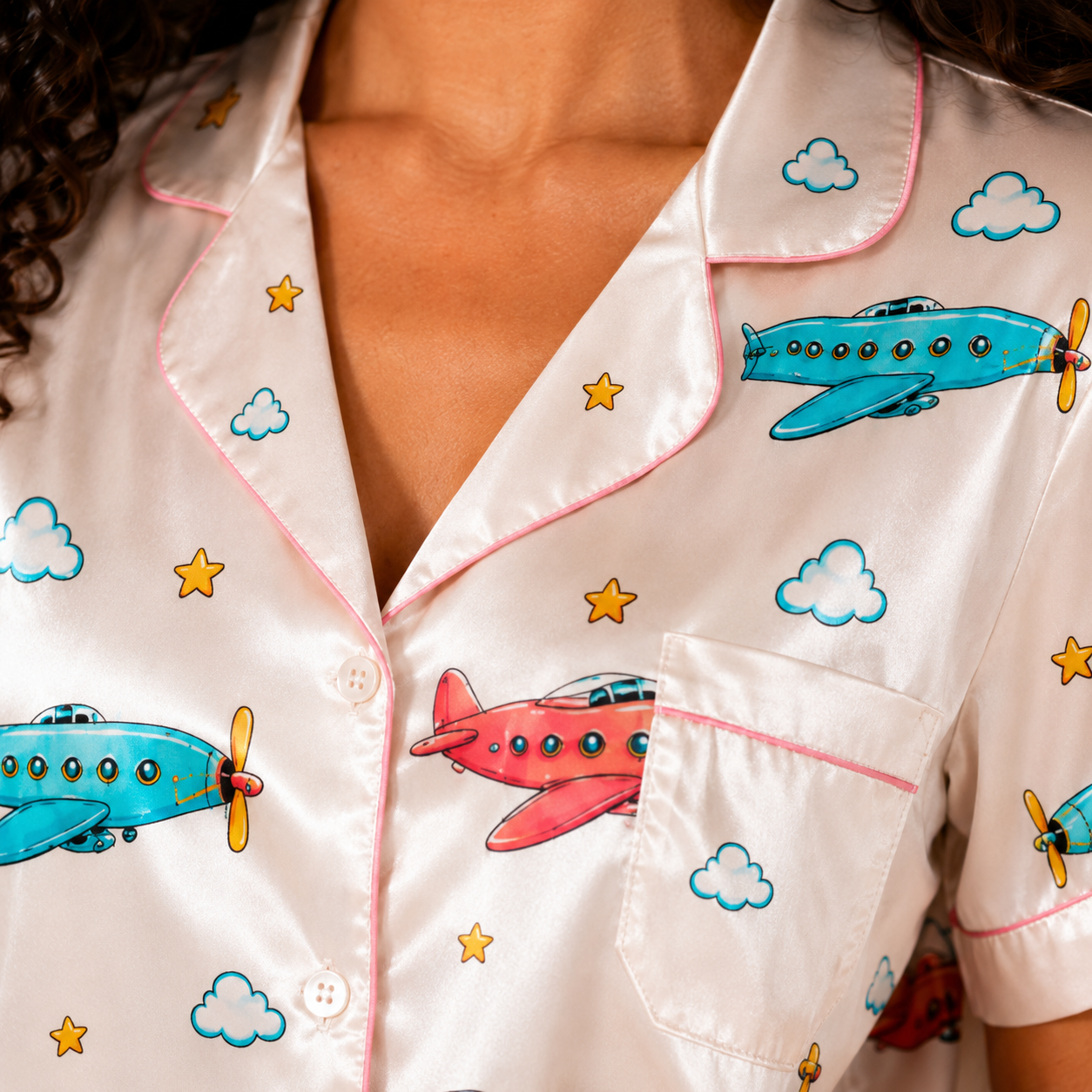 Vintage Airplane Satin Pajama Set for Women