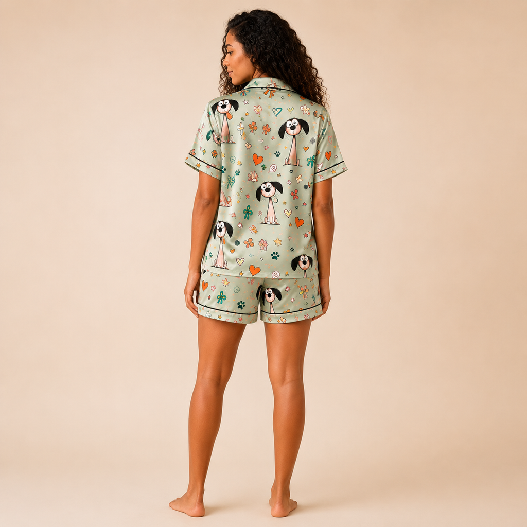 Cute Cartoon Dog Satin Pajama Set for Women