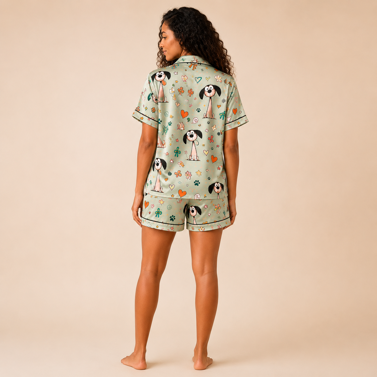 Cute Cartoon Dog Satin Pajama Set for Women