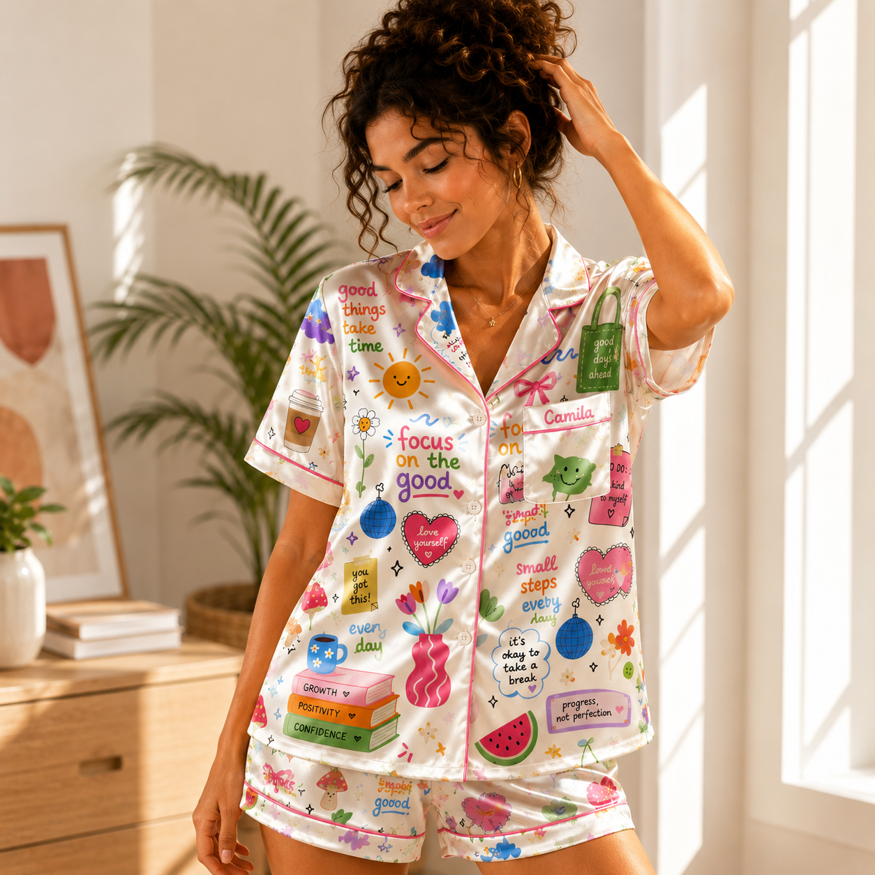 Cute Positive Quote Satin Pajama Set for Women