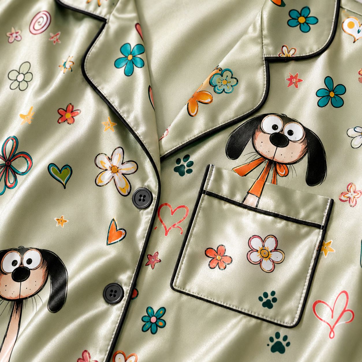 Cute Cartoon Dog Satin Pajama Set for Women