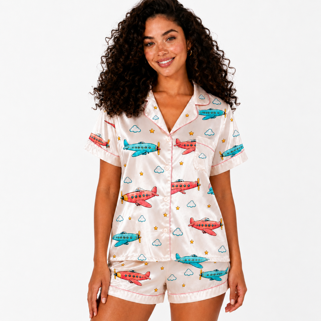 Vintage Airplane Satin Pajama Set for Women