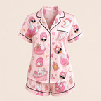 Pink Duck Print Satin Pajama Set for Women