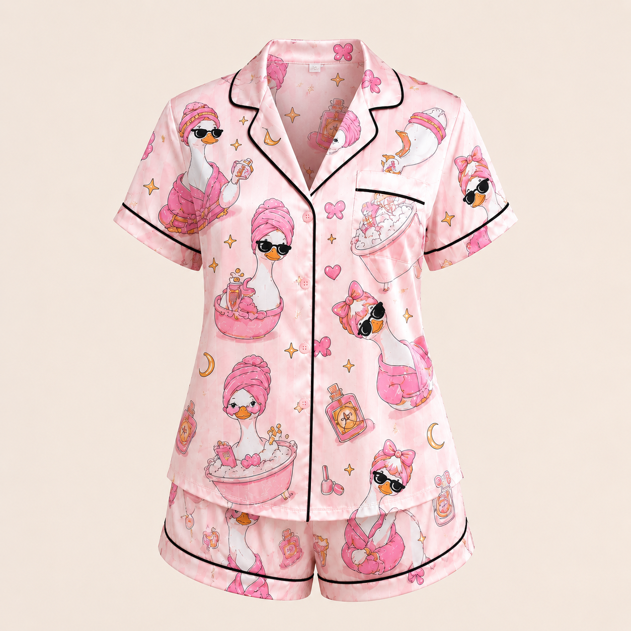Pink Duck Print Satin Pajama Set for Women