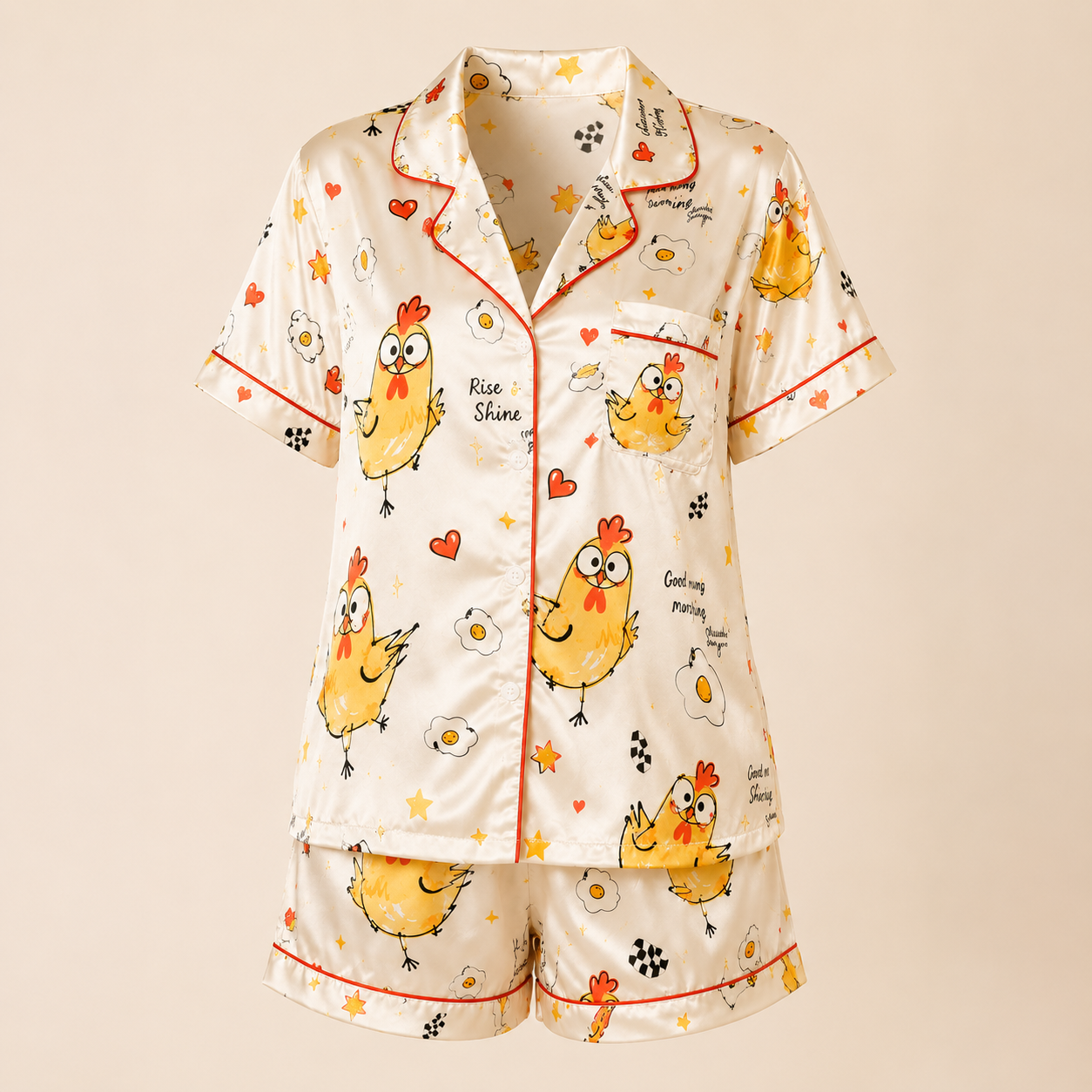 Cute Chicken Print Satin Pajama Set for Women