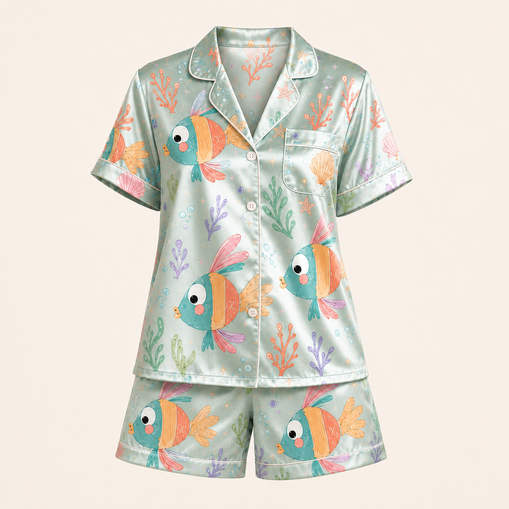 Tropical Fish Satin Pajama Set for Women