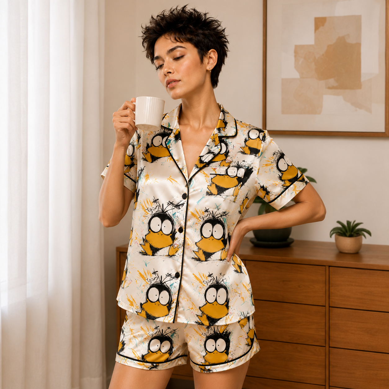 Cute Cartoon Duck Satin Pajama Set