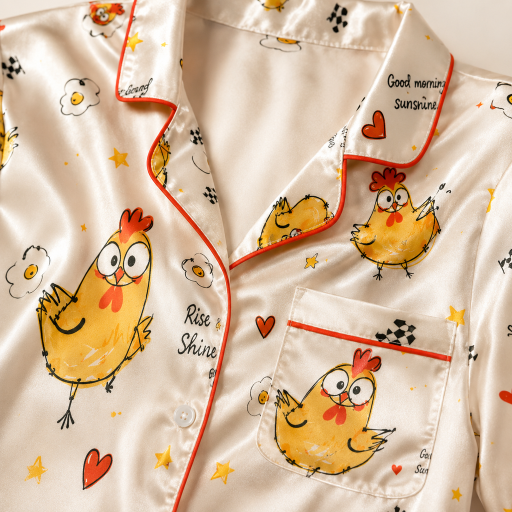 Cute Chicken Print Satin Pajama Set for Women